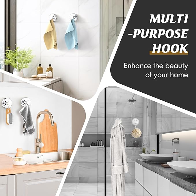 MOTAIPEAK Suction Cup Hooks for Shower,Removable Shower Towel Suction Hooks for Bathroom Wall,Kitchen,Glass,Mirror,Tile to Hang Robes,Loofah-Chrome(2-Pack)
