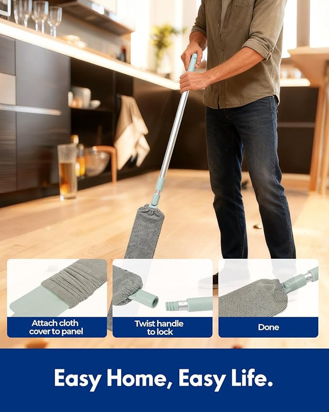 Extendable Duster for Hard to Reach Areas, Extension Pole of Flat Duster for Under Appliances, Includes 8 Washable Microfiber Dusters for Cleaning Extendable Under Refrigerator, Furniture & Couch
