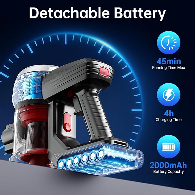 BARNMO Cordless Stick Vacuum, Red, 45 Min Runtime, LED Headlights, 2-Speed, Telescopic Tube with Main Vacuum Brush, Crevice Tool, dust Brush, Removable-Rechargeable Battery Pack with Charging Cord