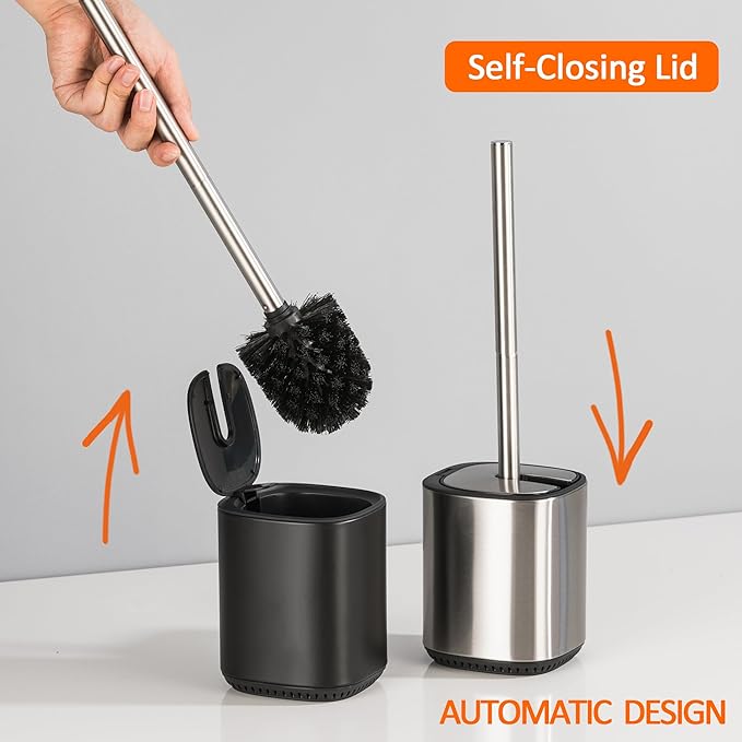 Leadfun Toilet Bowl Brush and Holder, Toilet Brush with Stainless Steel Handle and Durable Bristles for Bathroom Cleaning, Automatic Closing Holder Set (Black)