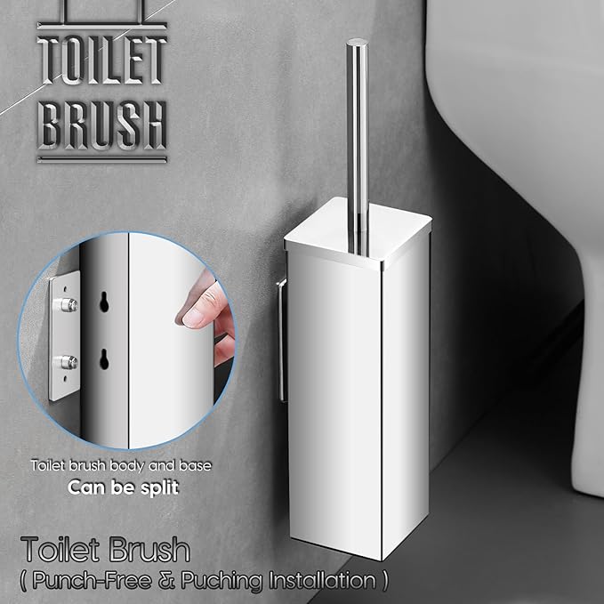 JOVYXIE Bright Silver Stainless Steel Square Toilet Brush with Metal Lid Dual-Use Toilet Brush Holder with Drilled + Drill-Free Hook Base Includes Removable Inner Bucket (Bright Silver)