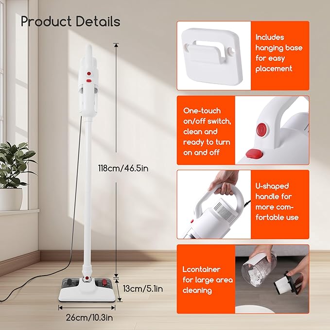 REECOO Lightweight Stick Vacuum Cleaner, Unique Vacuum and Mop Combo - 3 Dust Filters/Microfiber Pads,Corded Stick Vacuums & Electric Brooms - 400W 12Kpa Suction for Kitchen, Bedroom, Living Room