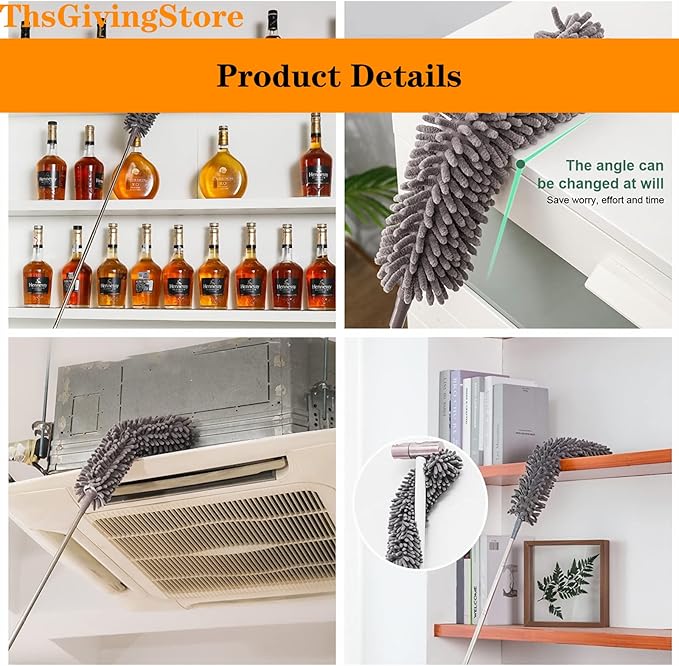 4PCS Ceiling Fan Duster with Extension Pole 16-98'', Microfiber Dust Brush + Gap Mop + Chenille Duster + Retractable Pole, Bendable Washable Feather Dusters for Cleaning Ceilings, Wall and Car