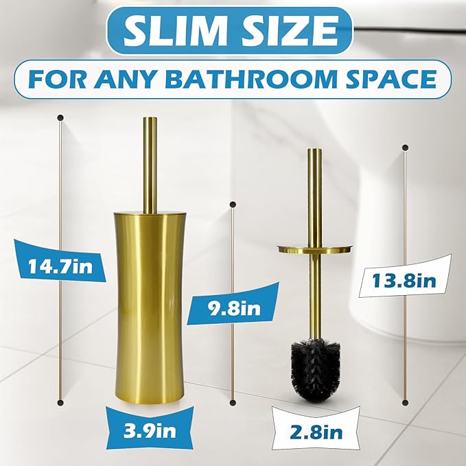 Chemlliy Stainless Steel Toilet Brush and Holder, Golden Toilet Cleaner Brush, Toilet Bowl Brush and Holder for Bathroom Storage Organization