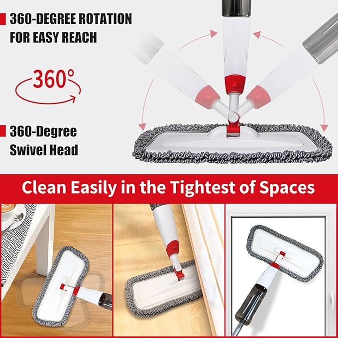 Spray Mops for Floor Cleaning, Microfiber Spray Cleaning Mop Kit with 3 Reusable Washable Pads 700ML Refillable Bottle and Scrubber Flat Mop with 360 Degree Swivel Head for Hardwood Laminate (Grey)