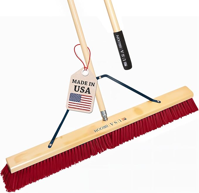 36" Soft/Fine Sweep Indoor Push Broom with 60" Handle. Ideal for Epoxy & Polished Floors. Durable American Made Steel Brackets-All Stainless Steel Hardware. No Plastic. 100% Made in The USA.