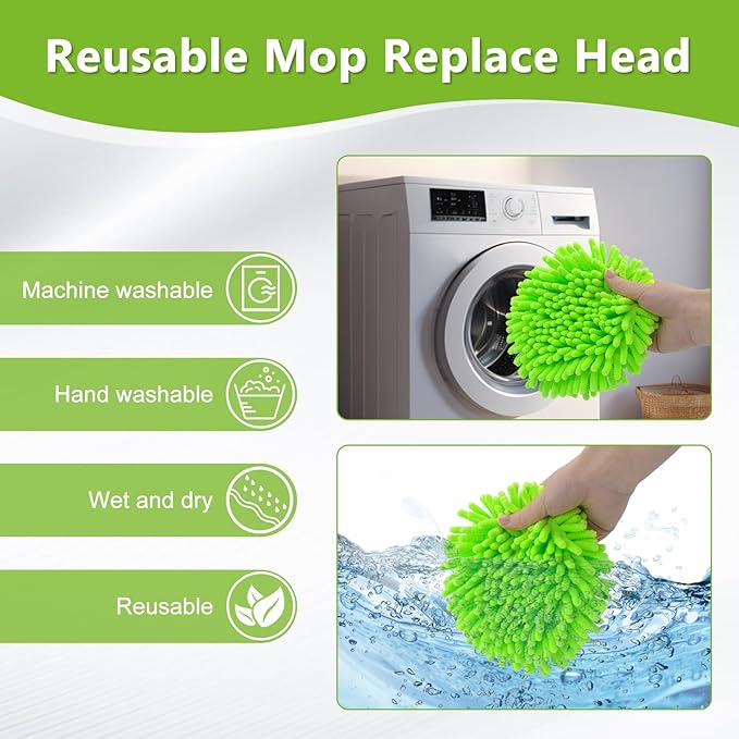 6 Pack Mop Replace Heads Mop Heads Replacements for O-Cedar RinseClean 2-Tank Spin Mop System,Chenille&Microfiber Mop Head Refills for Multi-Surface Floor Dry/Wet Use,Reusable and Washable,Green