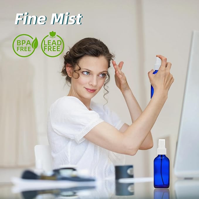 Cobalt Blue Glass Spray Bottles 4 oz, Small Empty Spray Bottles for Essential Oils, Fine Mist for Face, Hair, Plants, Travel, Perfumes, Cleaning Solutions - 4 Pack