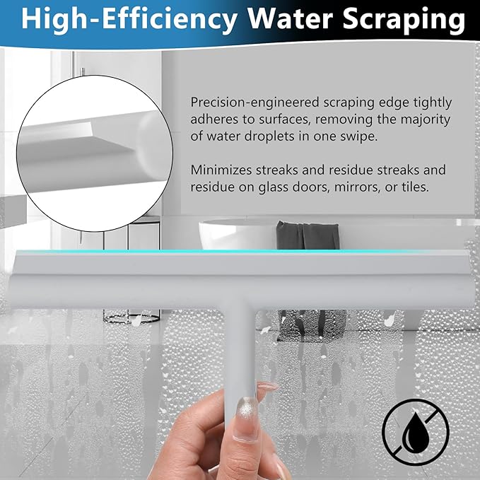 DEOFUXT Shower Squeegee for Glass Doors, Full Silicone Jacketed Squeegee with Ergonomic Handle & No-Drill Hook, Cleaning Tool for Windows, Mirrors, Tiles, Bathroom & Car - Grey