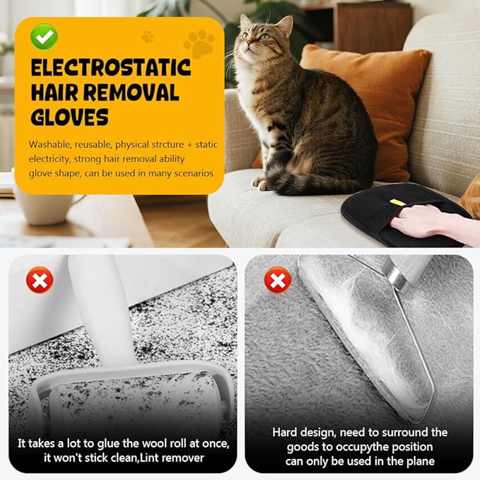 3Pcs Pet Hair Removal Glove, Electrostatic Hair Removal Glove for Cats and Dogs, Reusable Hair Remover for Couch, Carpet, Car Seat, Laundry Clothing Quick Cleaning Tool for Pet Owners (#1)