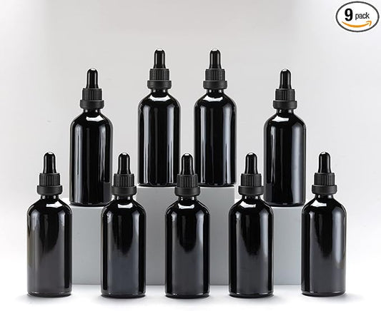 YIZHAO Black Glass Dropper Bottle 4oz, Tincture Bottles with Glass Dropper, for Essential Oils, Aromatherapy, Cosmetic, Laboratory, Pharmacy, Liquids, Travel –9 Pcs