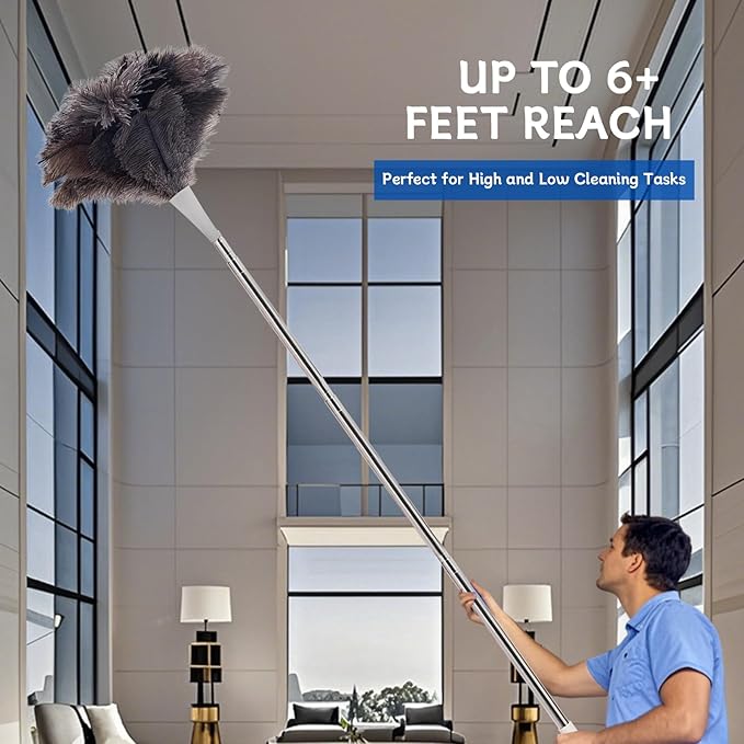 Madrigal 72" Extendable Ostrich Feather Duster for Cleaning with 2 Replacement Heads Washable and Reusable Long Handle Handheld Feather Duster for High Places, Home,Office Cleaning