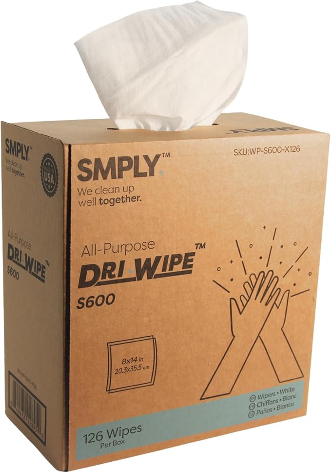 Dri-Wipe S600 by SMPLY Brands – All-Purpose Disposable Wipes, 10 Boxes of 126 (1,260 Total), Strong Alternative to Shop Towels & Paper Towels, 8" x 14" Center-Pull Sheets