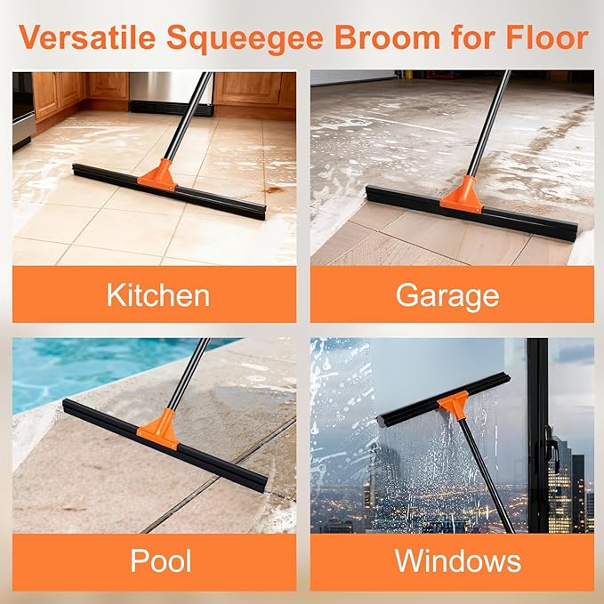 Heavy Duty Floor Squeegee with Long Handle, 18" Rubber Wiper Broom for Concrete Tile Cleaning Commercial Scrubber Mop for Garage Deck Bathroom Kitchen Pool Glass