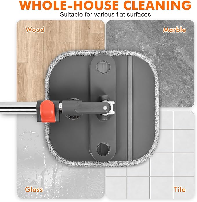Upgraded Spin Mop and Bucket System Set, Self Separate Clean and Dirty Water, Foldable Square Standing Mop Head with Microfiber Mop Pads, Detachable Bucket (Grey+Orange, Mop Set with 2PC Pads)