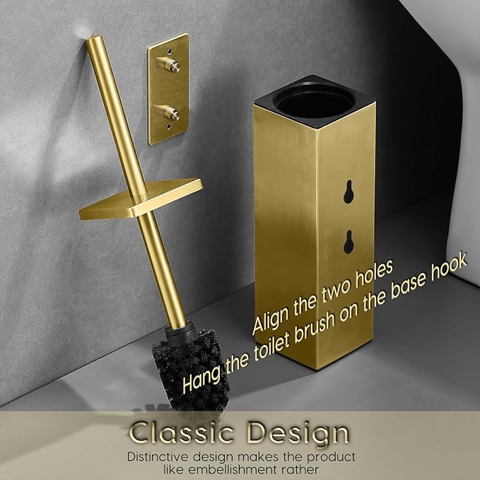 JOVYXIE Brushed Gold Stainless Steel Square Toilet Brush with Metal Lid Dual-Use Toilet Brush Holder with Drilled + Drill-Free Hook Base Includes Removable Inner Bucket (Brushed Gold)