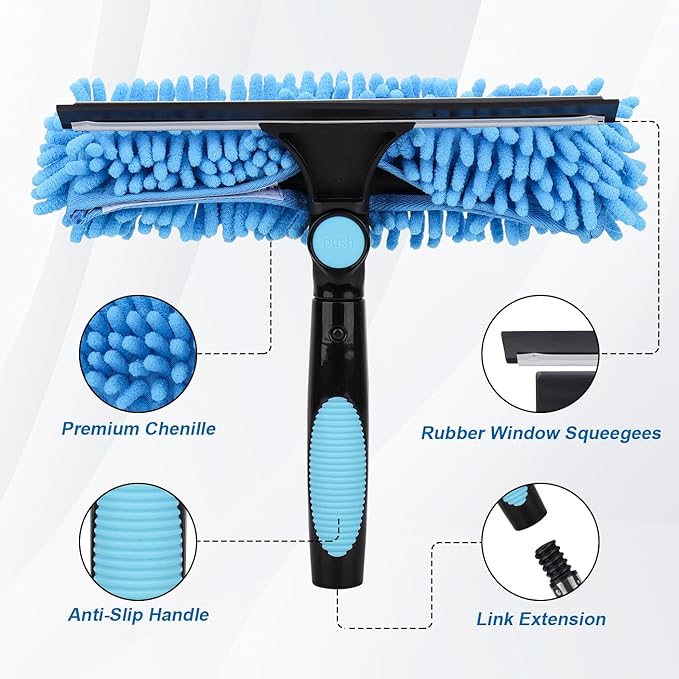 Window Squeegee Cleaner Tool with Extension Pole: 2-in-1 Window Cleaning Kit - 86.6 Inch Telescopic Long Window Cleaning Tool for High Windows Car Glass - with 2 Microfiber Cloth & Squeegee Blade