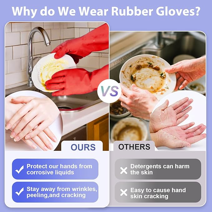 Rubber Kitchen Dishwashing Gloves - 4 Pairs Colorful Reusable Cleaning Gloves for Kitchen Washing Dishes and Household Cleaning (Medium, Blue+Pink+Yellow+Red)