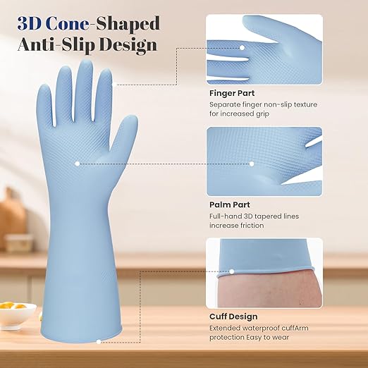 Rubber Kitchen Dishwashing Gloves - 3 Pairs Reusable Household Cleaning Gloves, Flexible and Durable & Non-slip Cleaning Gloves, Great for Kitchen, Bathroom, Laundry (Large, Pink+Blue+Grey)