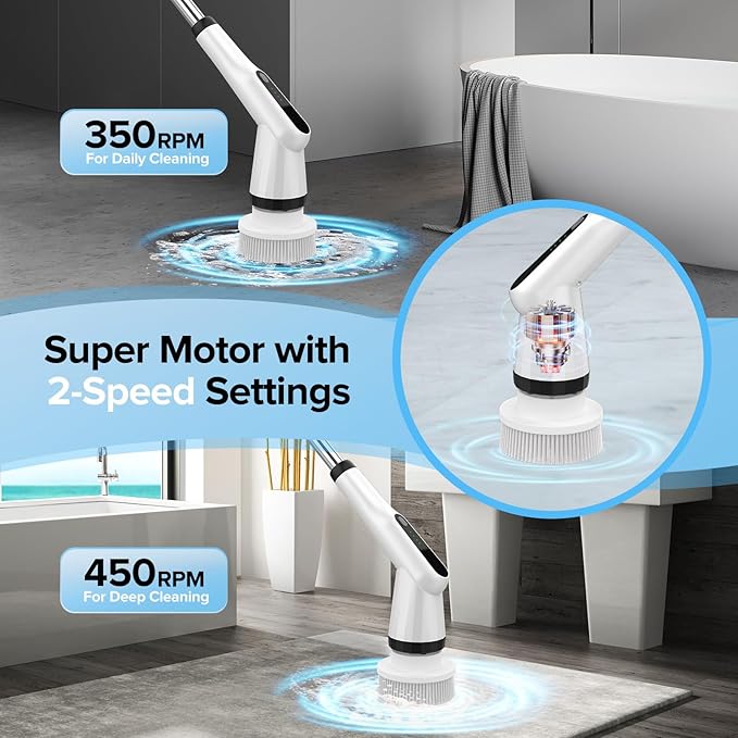 Electric Scrubber Brush, IPX7 Electric Scrubber for Shower, Electric Cleaning Brush Scrubber with 7 Replaceable Brush Heads & Retractable Handle, 2-Speed Adjustable Spin Cleaning Brush