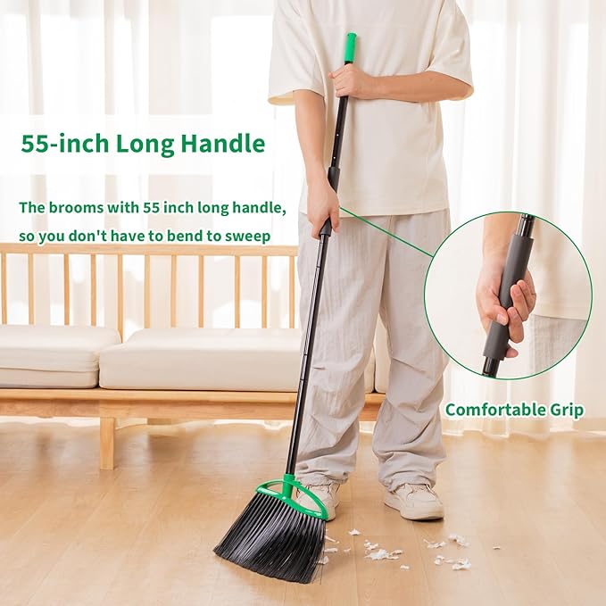 HileSwan 2 Pack Heavy Duty Brooms, 55" Long Handle Indoor Outdoor Angle Broom Set, Household Commercial Floor Cleaning, for Sweeping Home, Kitchen, Deck, Garage, Patio - Green