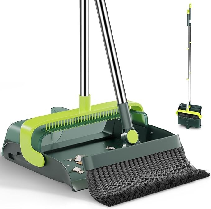 Broom and Dustpan Set – Stainless Steel Long-Handled Broom, Upright Broom with Self-Cleaning Hair Dustpan Teeth, Indoor & Outdoor Use, Suitable for Office, Kitchen & Bathroom