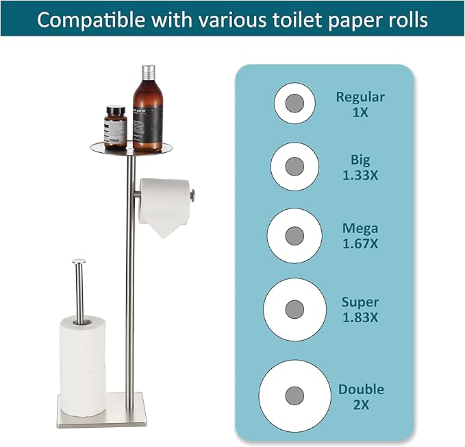 BVL Toilet Paper Holder Stand with Shelf Stainless Steel Brushed Nickel for Bathroom