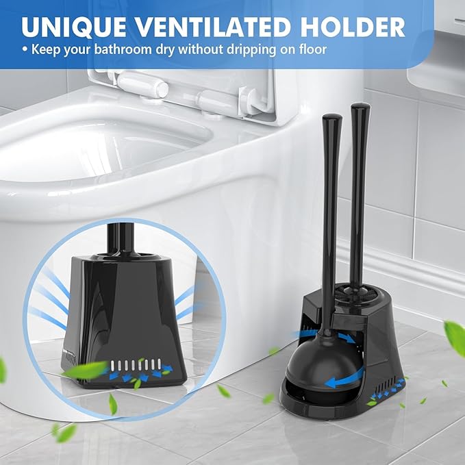 Toilet Plunger and Brush with Holder, Bowl Brush and Heavy Duty Toilet Plunger Set with Ventilated Holder, 2-in-1 Toilet Brush and Plunger Combo for 5.3-inch Toilet Drain New Pack