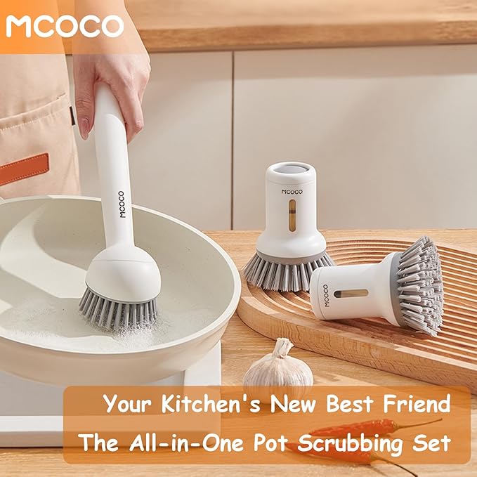 MCOCO Dish Brush Set with Soap Dispensing Palm Brush Dish Scrub Brush with Soap Dispenser Palm Dish Brush Kitchen Cleaning Brush with Ergonomic Long Handle for Cleaning Sink, Pot, Pan, Stove, White