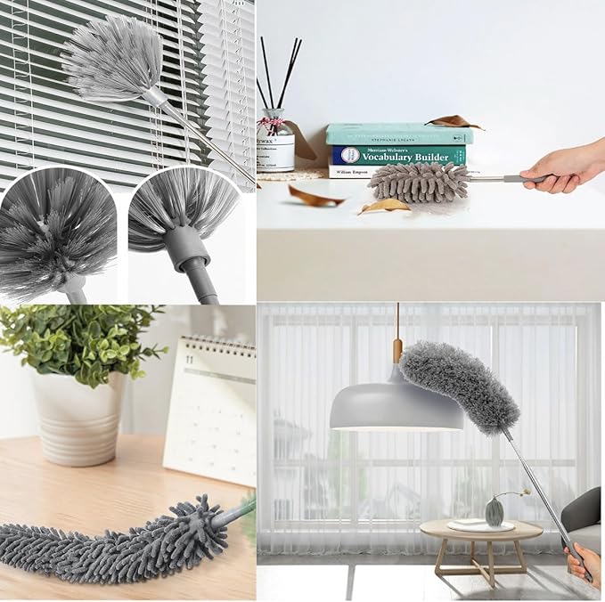 Microfiber Feather Duster Kit with 100” Extension Pole 6 PCS Reusable Bendable Washable Dusters for Cleaning Machine Washable Ceiling Fan Cleaner Duster for Cleaning Cobweb, Furniture, Blinds，Ceiling