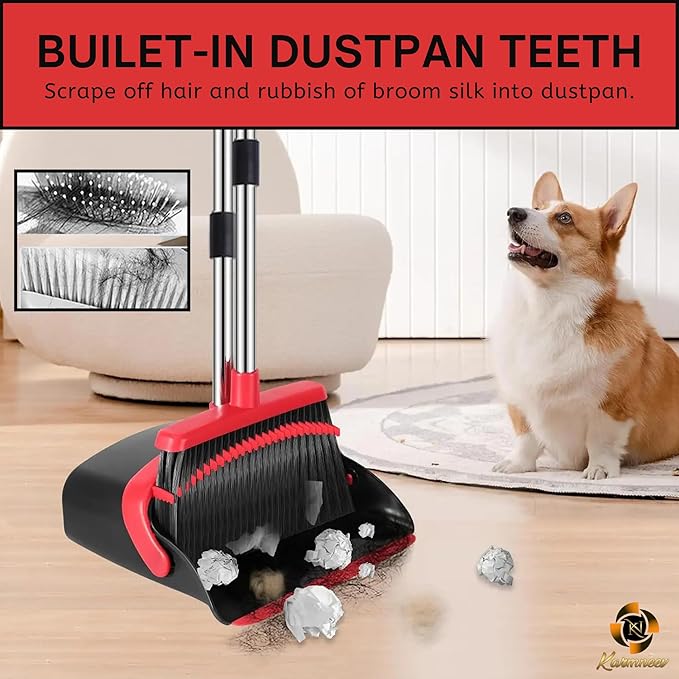 KARMNEEV Standing Broom and Dustpan Set, Built-in Scraper Teeth, No-Slip Grip, Dust Collection Tray for Home, Office, Lobby, and Outdoor, Adjustable Handle from 38.18" to 52" (Black and Red)