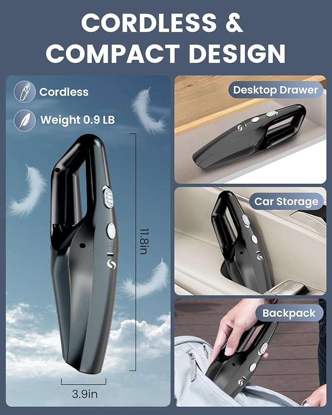 SERVOMASTER Handheld Vacuum Cordless Mini Car Vacuum Cleaner Portable and Rechargeable with Powerful Suction for Car Home Office and Pet Hair with HEPA Filter and Lightweight
