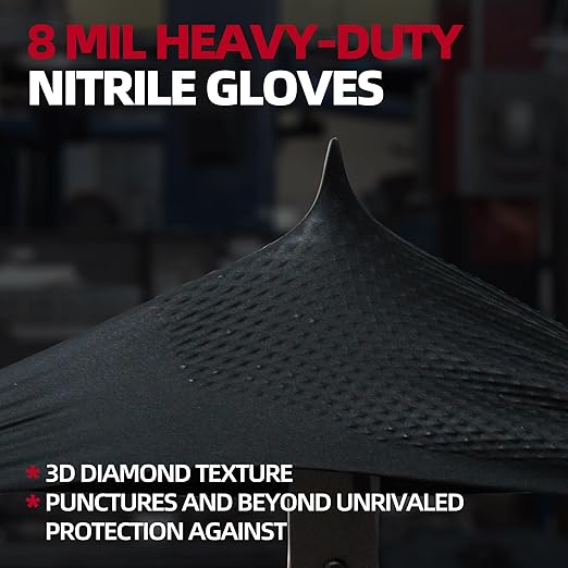 Jointown Basic Heavy Duty Nitrile Gloves, Mechanic Gloves 8 Mil Nitrile Disposable, with Raised Diamond Texture, Case of 1000, Black, Medium