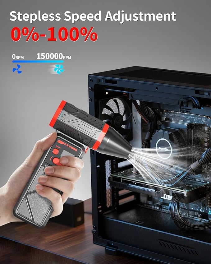 Compressed Air Duster, 150000RPM Electric Air Duster with 8000mAh Rechargeable Battery, Stepless Speed, 90° Adjustable Nozzle & LED Light, Cordless Mini Air Blower for Pc, Keyboard, Car, Home,Outdoor