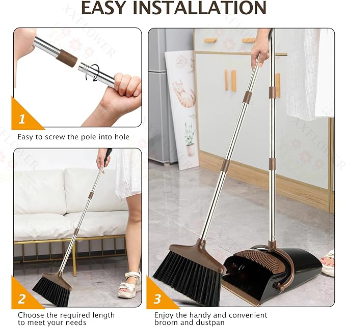 XXFLOWER Broom and Dustpan Set with Long Handle, Light Weight Stainless Steel Poles Stand Upright Dustpans with Broom Combo for Home Kitchen Office Pet Dog Hair, 1-Pack (Black Brown)