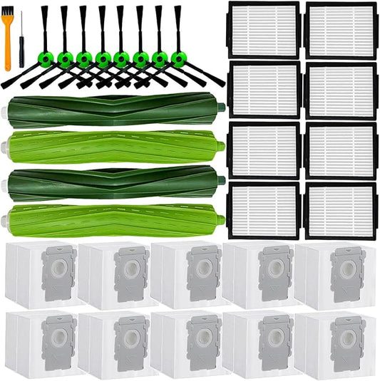 Replacement Parts Accessiroes Compatible with iRobot Roomba E/i/j E5 E6 E7 i3 i3+i4 i4+ i6 i6+ i7 i7+ i5 i5 j5 j5 i2 i8 i8+/Plus Robot Vacuum 2 Set Rubber Brushes 8 Filters 8 Side Brushes 10 Bags