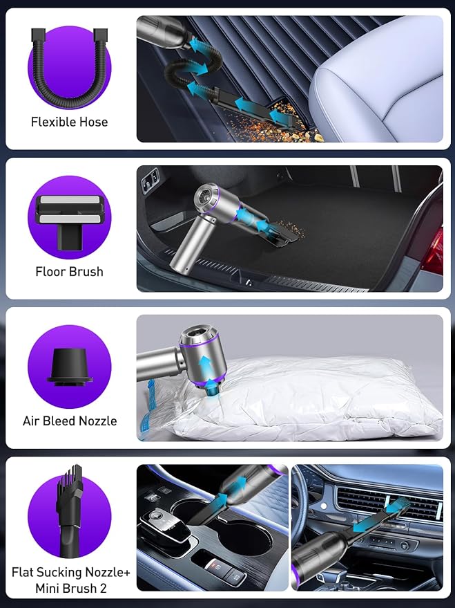 IYOFINE Vacuum/Air Duster 80,000RPM Super Power Mini Car Vacuum Cleaner 4-in-1 air Blower Gun Air Duster & Air Blower & Pump Hand Electric air Duster Handheld dust Blower Blower Cordless (Purple)