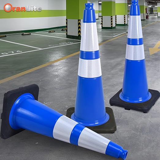 Fluorescent Orange/Green PVC Traffic Cones, Heavy Black Base Parking Lot Cone Structurally Stable Weatherproof Road Construction Safety Cones (4, Blue, 28" Large)