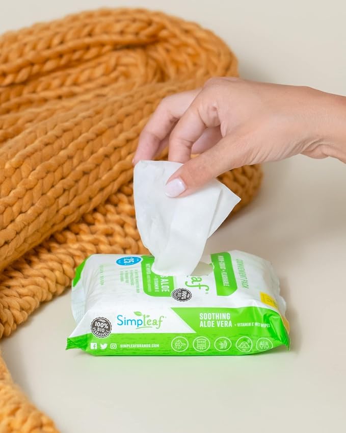 Simpleaf Flushable Wet Wipes Aloe Vera| Eco-Friendly, Paraben & Alcohol Free | Hypoallergenic & Safe for Sensitive Skin | Soothing Aloe Formula | (12 x 25 Counts Convenient Pack) 300 Counts Total