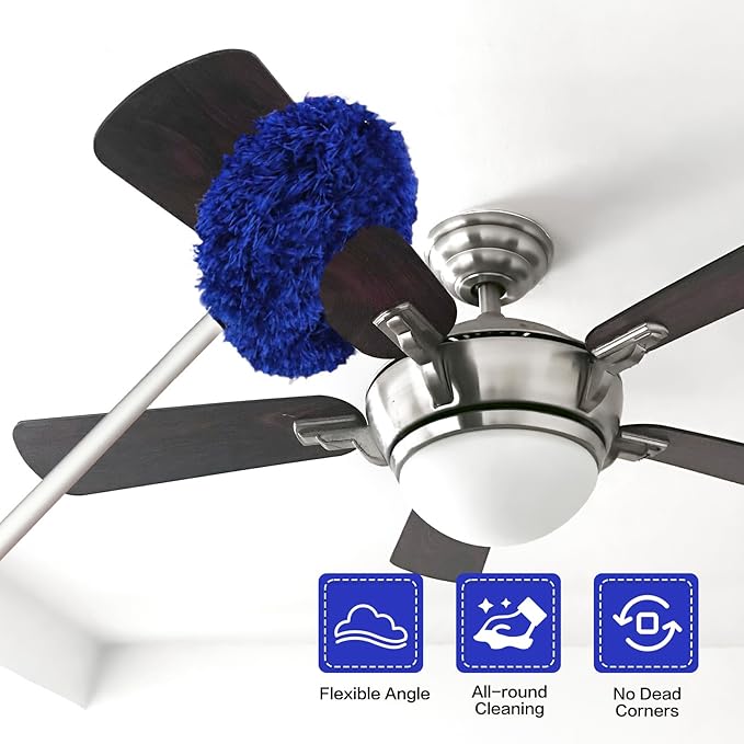 Heonay Ceiling Fan Cleaner Duster Reusable Microfiber Ceiling Fan Blade Cleaner Removable Duster with Extension Pole Adjusts 13 to 49.7 Inch for Cleaning Walls Furniture Door Window Top (Dark Blue)
