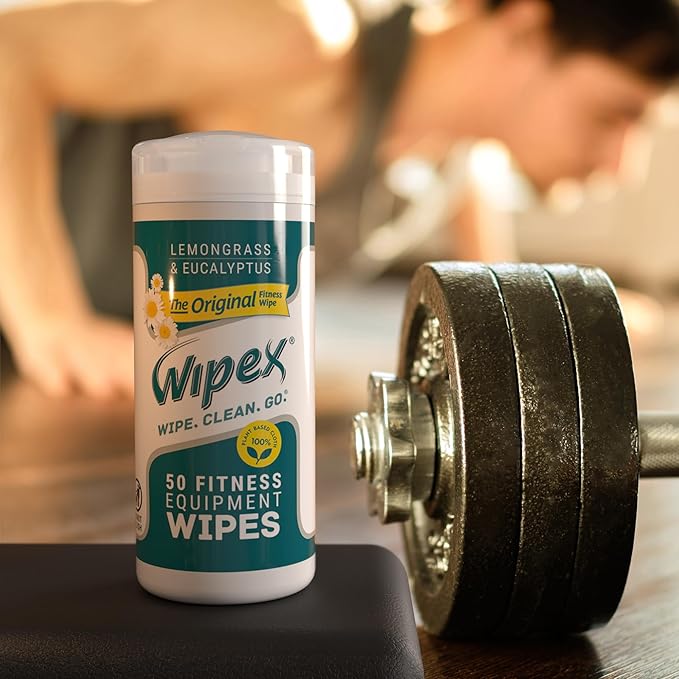 Wipex Fitness Equipment Wipes - Original Natural Plant Based Gym Wipes for Equipment, Clean Surfaces at Home or Gym, Use as a Yoga Mat Cleaner, Lemongrass, Eucalyptus & Vinegar, 50 Count (Pack of 1)