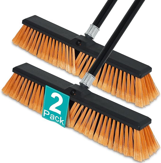 PBHEPJ 18 Inchs Push Broom Outdoor Heavy Duty, Shop Broom with 60" Long Bandle for Cleaning Outdoor or Indoor Tile, Garage, Shop, Deck, Concrete, Wood, Stone, Patio Floor, 2 Pack