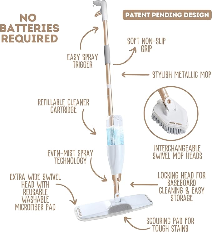 Quick Shine Ultimate Gold Spray Mop Kit | All-in-One 11 Pc Kit w/ Interchangeable Attachments | Floor Cleaner Included | No Batteries Needed | Pro Cleaning System for All Floor Types | 2-in-1 Mop