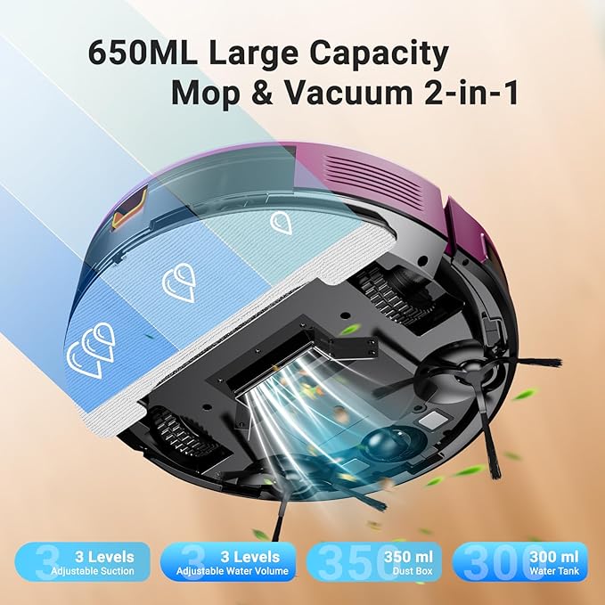 MBYULO Robot Vacuum and Mop Combo 5000Pa 650mL 2 in 1 Mopping Robot Vacuum Cleaner Schedule WiFi/Alexa/App Smart Self-Charging Robotic Vacuum Ultra-Slim