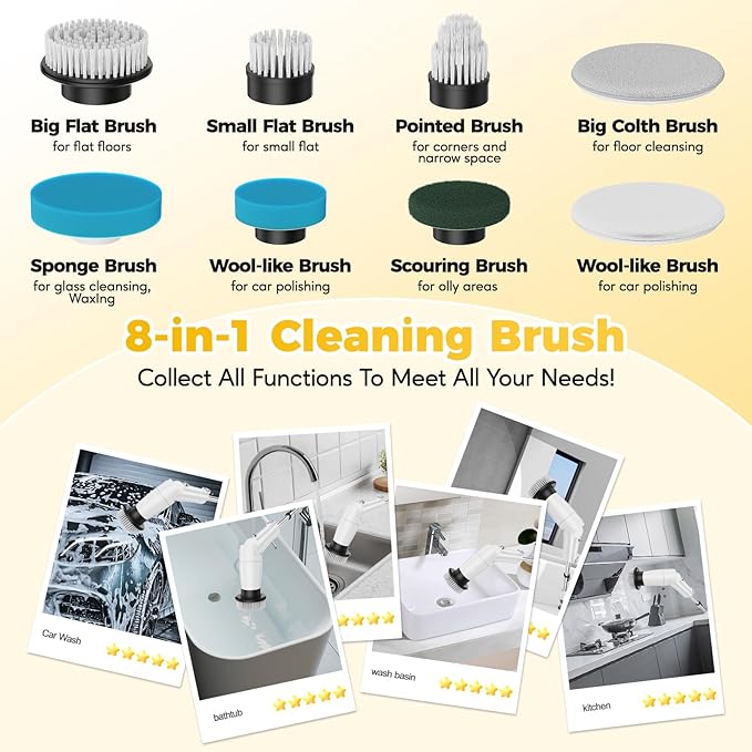 Electric Spin Scrubber, Full-Body IPX7 Waterproof Bathroom Scrubber with 550RPM High Power, Adjustable Extension Handle, Cordless Electric Cleaning Brush for Bathroom, Kitchen Cleaning