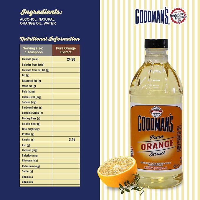 Goodman's Pure Orange Extract - Gluten-Free, Non-GMO, Kosher, Natural, Low Carb & Low Calorie, No Artificial Color, No Animal Products, No Sugar - Zesty Fresh Flavor for Baking & Cooking - 1 Pint