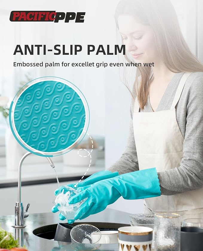 PACIFIC PPE 2 Pairs Reusable Dishwashing Cleaning Gloves with Latex Free, Cotton Lining, Kitchen Gloves, Green, Large