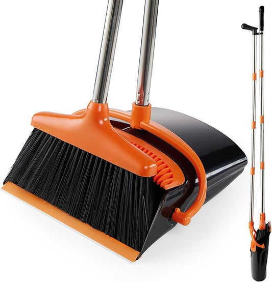 Broom and Dustpan Set Lightweight Upright Lobby Broom and Dust Pan Combo with Long Handle Outdoor Indoor for Home Kitchen Room Office (Orange and Black)