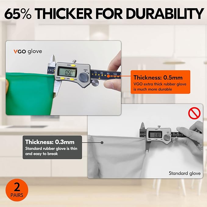Vgo... 2-Pairs Reusable Household Gloves, Rubber Dishwashing gloves, Extra Thickness, Long Sleeves, Kitchen Cleaning, Working, Painting, Gardening, Pet Care (Size XL, Green, HH4601)