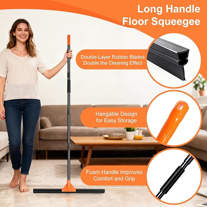 Heavy Duty Floor Squeegee with Long Handle, 18" Rubber Wiper Broom for Concrete Tile Cleaning Commercial Scrubber Mop for Garage Deck Bathroom Kitchen Pool Glass